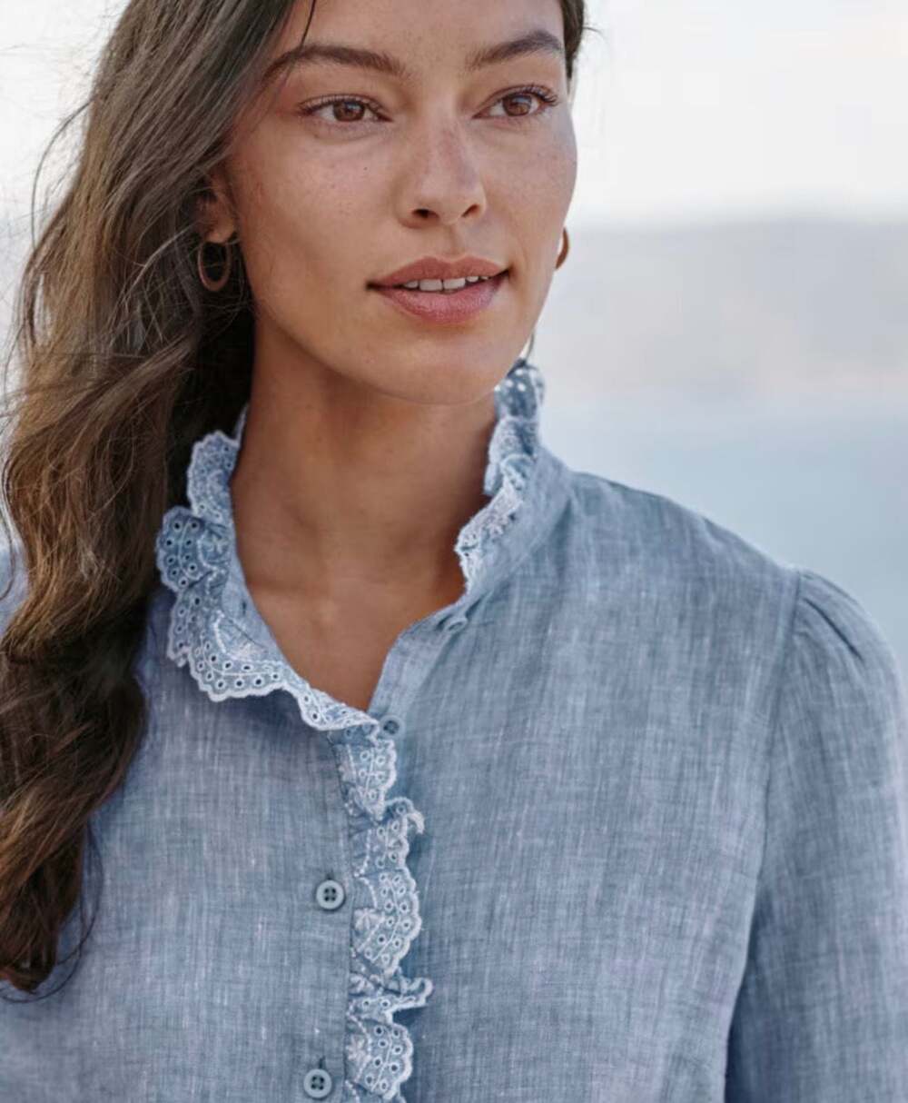 NWT Garnet Hill Sydney Eyelet Embroidery Ruffle-Trimmed European Flax Linen Top